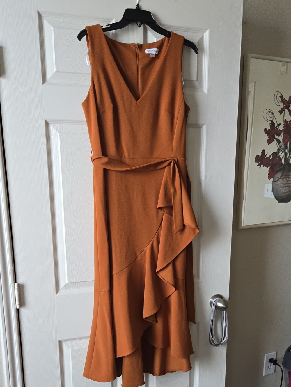 Calvin Klein Sleeveless Rust-Orange V-Neck Ruffle Midi Dress